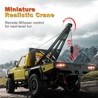 RC Crawler 1:12 Scale New Upgrade MN82-T RC Truck Crane 4WD LC79 Off Road Remote Control Pickup with Lights All Terrain Wrecker Vehicle for Teens Adults (Yellow)