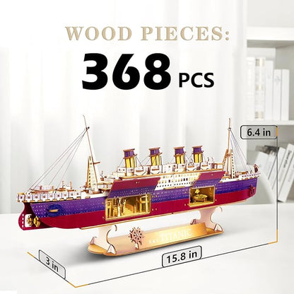 Titanic 3D Puzzles for Adults LED Titanic Metal Ship Model Building Kits for Home Desk Decor 368 Pcs Wooden DIY Arts and Crafts Collection Gifts for Couples Women Teens 14 +