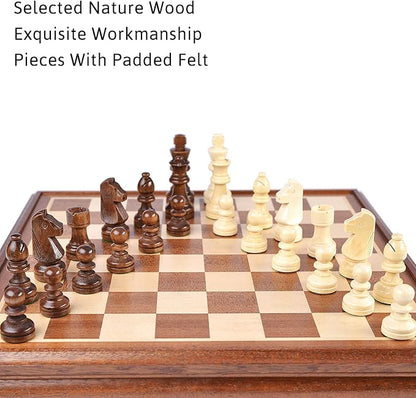 VAMSLOVE Chess and Checkers Board Game Sets for Adults Wooden Deluxe 15 inch Wood Board Box with Storage Classic 2 in 1 Large Size with Chess Pieces - 3” King Height - 2 Extra Queens