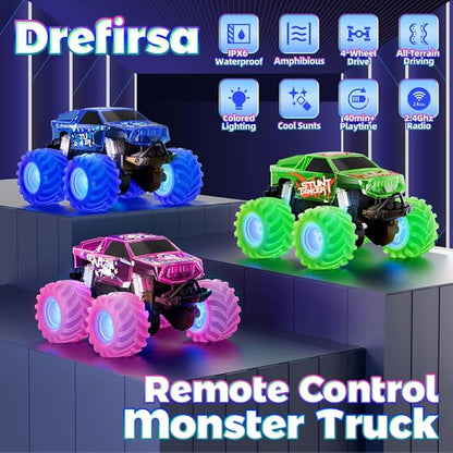 Blue Monster Truck Toy Amphibious Remote Control Car 4WD All Terrain Off-Road RC Truck with Colorful Light RC Stunt Car Toy for 6 7 8 9 10 11 12 Year Old Boy Birthday Gift