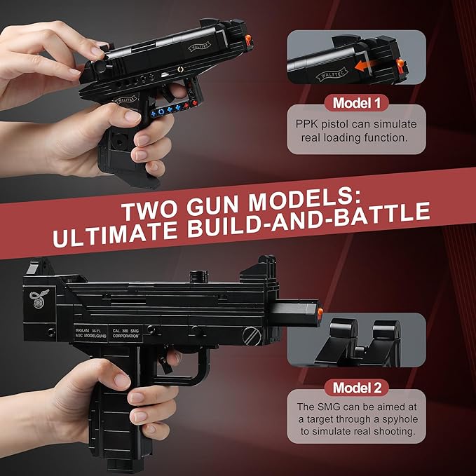 Walther PPK &amp MAC-10 Building Blocks Gun Sets Compatible with Lego Featuring 2 Guns Models Gift Ideas for Military Fans Kids 8+ &amp Adults