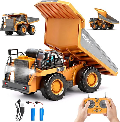 HuiJuKeJi Remote Control Dump Truck - 360° Rotating Metal Bed 9-Channel RC Construction Toy for Indoor Outdoor Play Rechargeable with Lights &amp Sounds for Kids Ages 6+