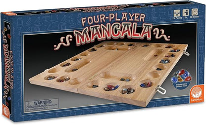 MindWare 4 Player Wooden Mancala Board Game with Foldable Board and Mancala Stone Movers - 2 to 4 Players