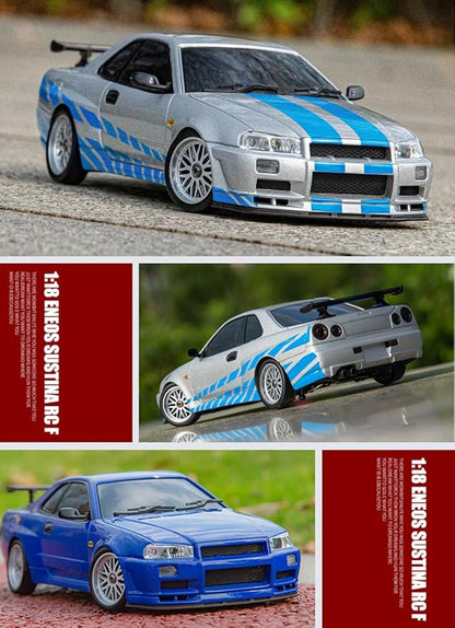 LD1899 1/18 Scale RC Drift Car GTR R34 2.4GHz RWD Mini Model Car with Gyro Alloy Body Shell Racing Cars for Adults Toys (Blue)