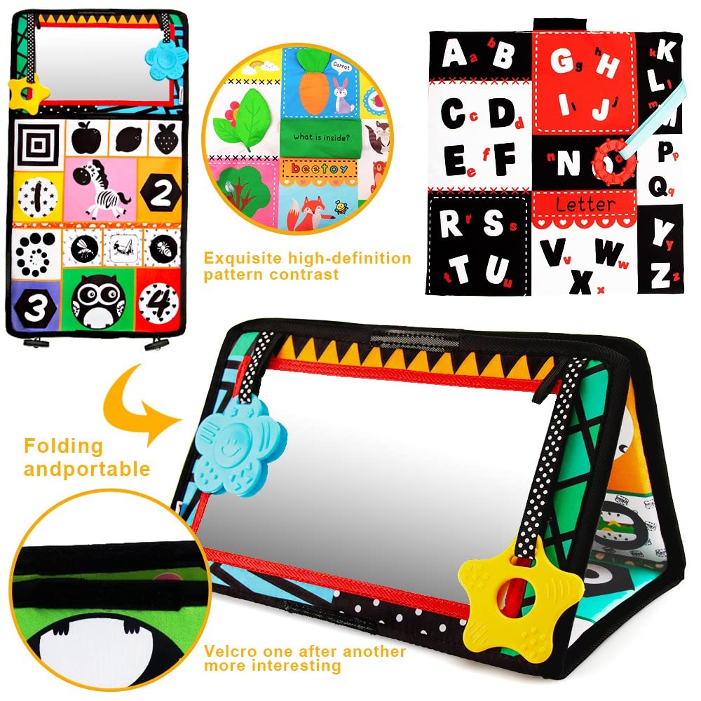 beetoy Tummy Time Baby Mirror Toys with Black and White Pattern, High Contrast 3D Activity Play Crinkle Toys Baby Mirror for Newborn 0 3 6 Months