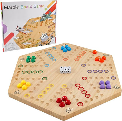 Large Size 20 inches Wood Wahoo Marble Board Game 2 Sided Game 4-6 Player for Friends and Family Party Classic Wahoo Style Strategy Racing Game with 6 Dices30 Marbles (Log)