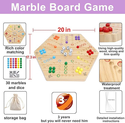 HOROW Wahoo Board Game Wooden Original Board Game Classic 2 Side Painted Fast Track Game for 4 Player and 6 Player with 30 Marbles6 Dices for Family Game Night(6largeLog)