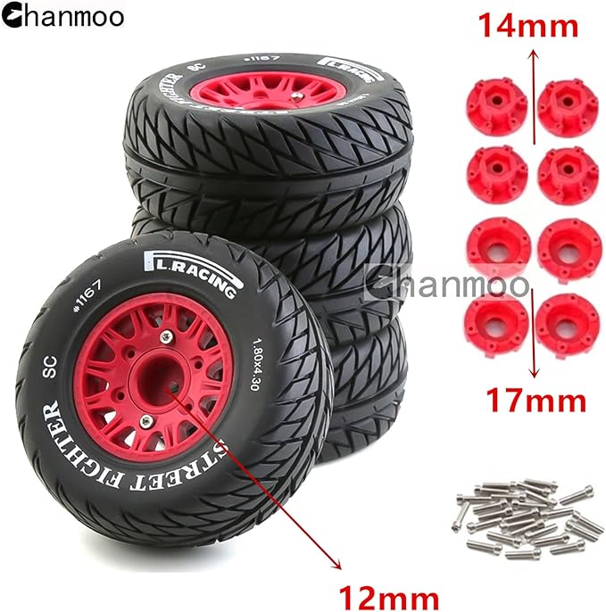 1/10 RC Short Course Truck Tires And Wheels With 12mm 14mm 17mm Hex 113mm 1/8 Rubber Tyres For 1/8 or 1/10 Scale On Road Car HSP Sonic 94102 GT PTG-2 Tamiya TT02 RC Racing Car 4PCS (Red B)