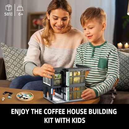 City Coffee House Architecture Building Blocks Set for Adults Street View Modern Cafe Shop Building Construction Toy with Light Christmas Birthday Gift for Kids Boys Girls 6-12 (581 PCS)