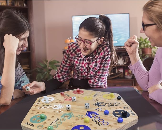 24 Wooden Wahoo Board Game Double-Sided for 4 or 6 Players Fast Track Board Game Original Marble Game Set with 36 Marbles 8 Dice for Family Night Parties and Adult Gifting