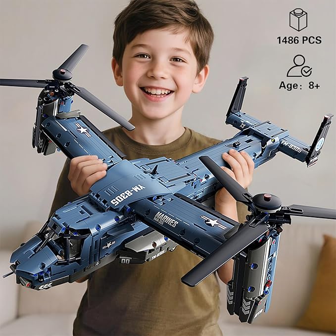 Military Helicopter Building Blocks SetFighter Jet Model ToysV-22 Osprey Army Airplane Kits with Ratoting PropellerSTEM Christmas Xmas Birthday Gifts for Adult Boys Teens 8-14 14+(1486PCS)