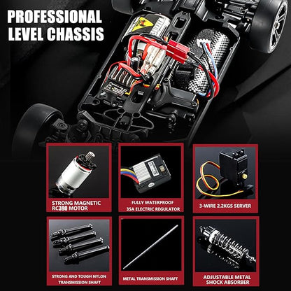 RC Drift Car 1/14 Scale RC Race Car with Spray Cool LED Lights 2.4G 4WD High Speed 35KM/H Drifting Cars Proportional Throttle with 2 Batteries RTR Gifts for Teen Adults