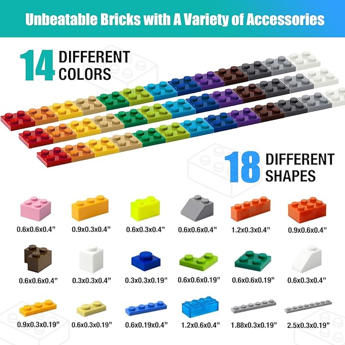 1600 Pieces Building Bricks with 32 Wheel Building Blocks Set Classic Bulk Blocks Set Creative Toy DIY Cars Planes Tanks Compatible with All Major Brands 14 Shape/18 Color