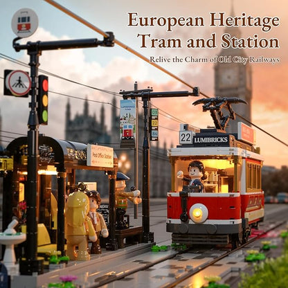 Heritage Tram and Station Lighting Building-Bricks Set - 1274 Pcs City Streetcar Modular Collection Old Town Downtown Display Model for Adults &amp Teens &amp Tram Enthusiasts