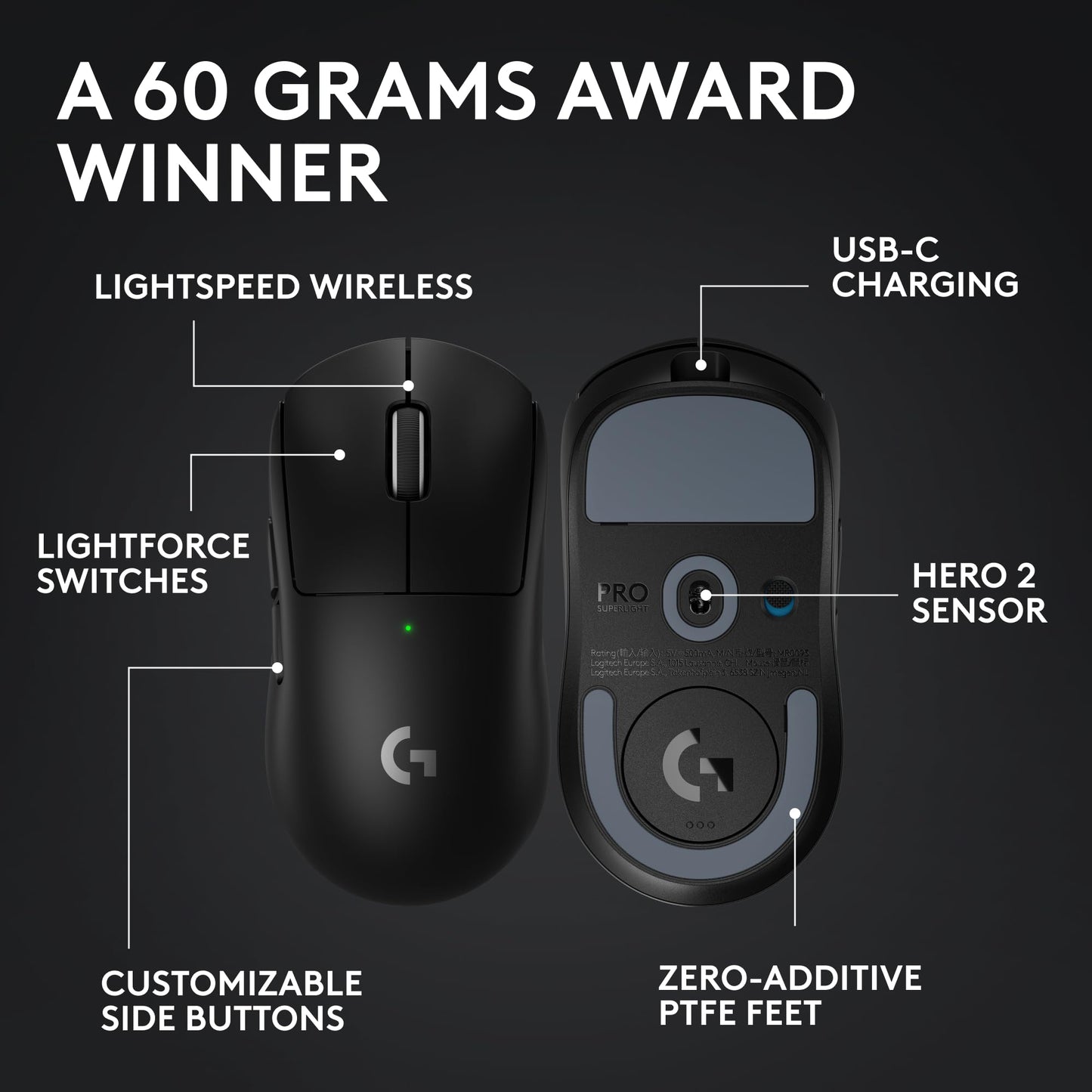 Logitech G PRO X SUPERLIGHT 2 Wireless Gaming Mouse, 60g Pro-Grade with 5 Programmable Buttons, 44k DPI Sensor, 8kHz Report Rate, USB-C Charging for PC/Mac - Black