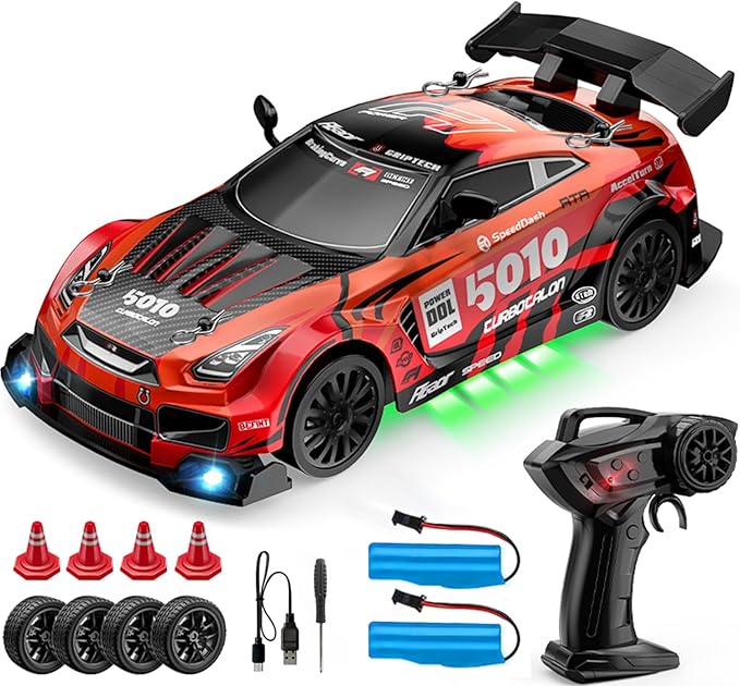 1:24 Scale RC Drift Car 4WD 2.4GHz High Speed Racing Sport Toy Car with LED Lights Racing and Drift Wheels (E83-Red)