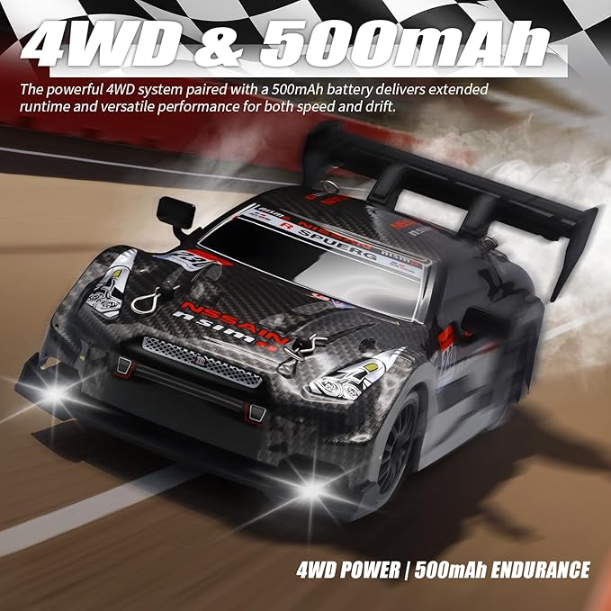 RC Drift Car 1:24 Scale Remote Control Vehicle for Kids2.4GHz 20KM/H 4WD High Speed RC Cars with LED Light Two Batteries &amp Drifting Tires Racing Sport Toy Cars for Adults Boys Girls Kids 8601BK