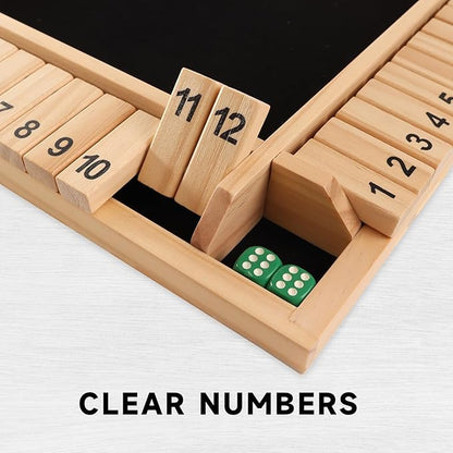GSE Games &amp Sports Expert 1-4 Player Wooden Shut The Box Board Game with 8 Dice. 4-Way 12 Numbers Shut The Box Dice Set of Popular English Pub Board Game - Natural Wood