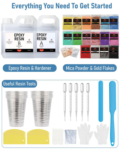 Smallbudi 80 Oz Epoxy Resin Kit with 16 Colors Mica Powder, Gold Foil, Cups & Stick, Crystal Clear Resin Beginner Supplies for Coating Casting Table, Molds, Jewelry Making, DIY Art Craft, 1:1 Ratio