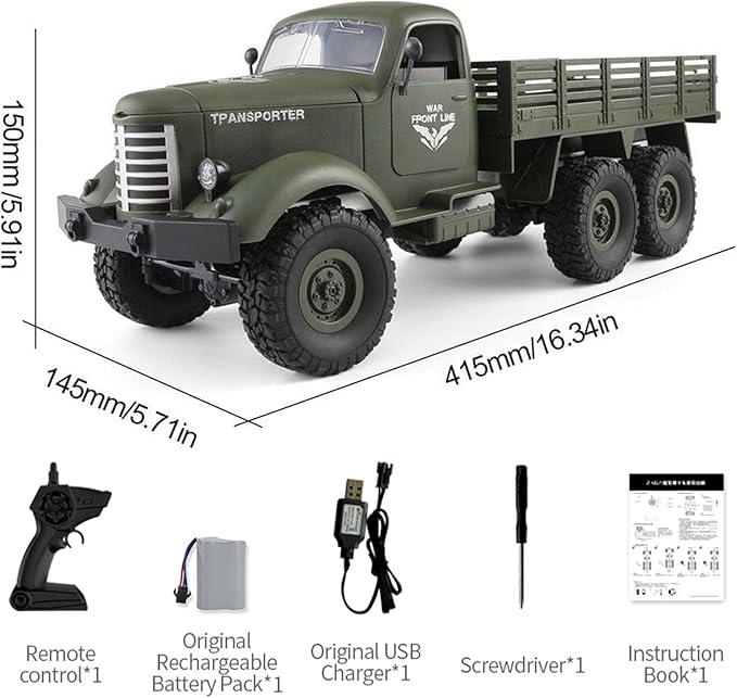GoolRC RC Military Truck 1:16 Scale Remote Control Car 6WD RC Army Car All Terrain Off-Road RC Truck 2.4GHz Electric Military Transporter Vehicle with Headlights for Adults
