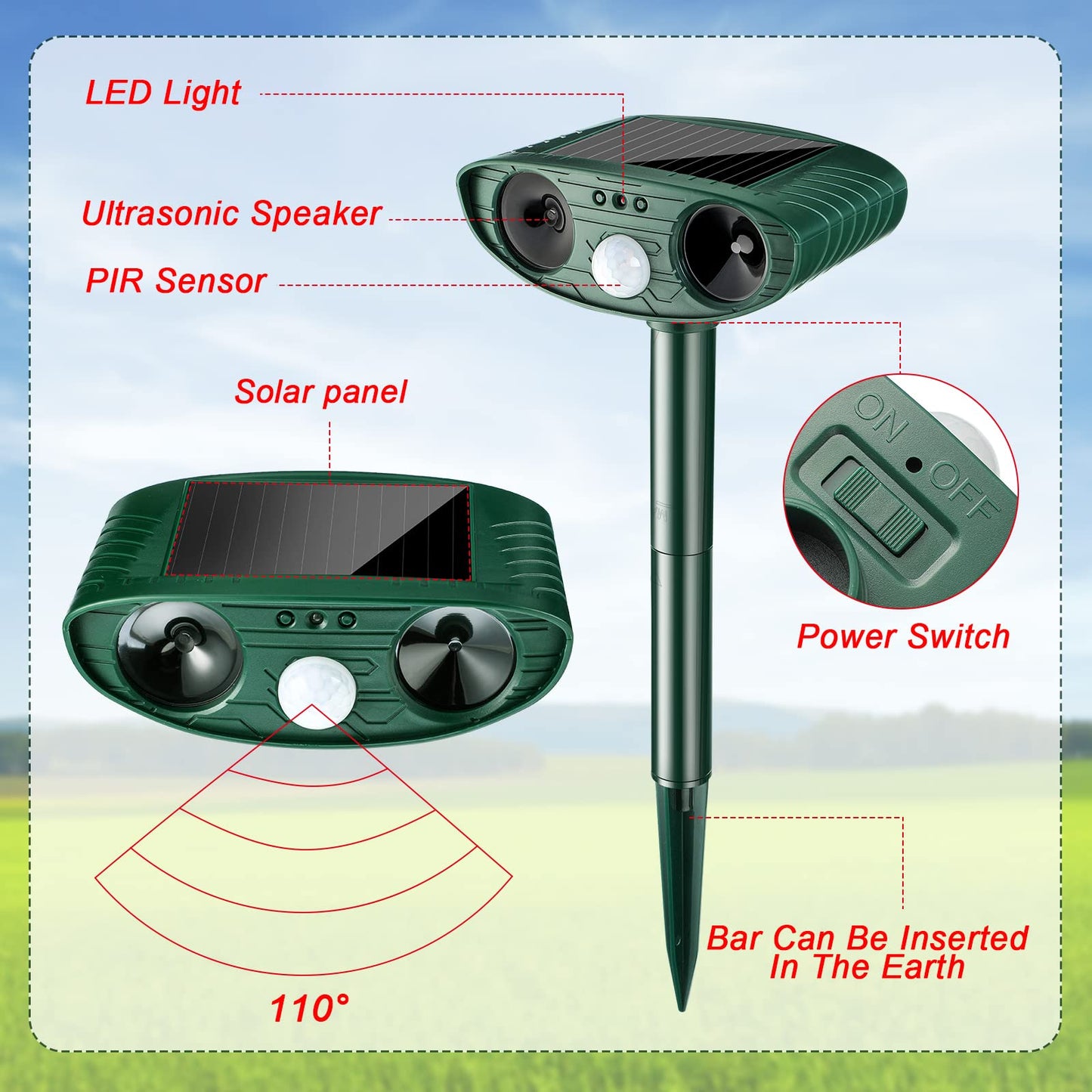 Kittmip Ultrasonic Animal Repellent Outdoor Solar Powered Repeller Cat Dog Deer Deterrent Waterproof Motion Sensor Deterrent for Yard Garden Rabbit Squirrels Fox Pest(Green,2 Pieces)