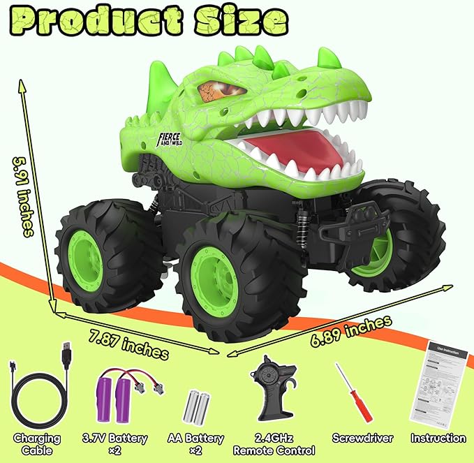 Dinosaur Remote Control Car 2.4GHz Monster Truck Toys Rechargeable RC Cars 1:24 Scale RC Truck with LED Light Movable Mouth Dinosaur Cars Toys for Kids Boys 6-8 8-12 Birthday Gift Green