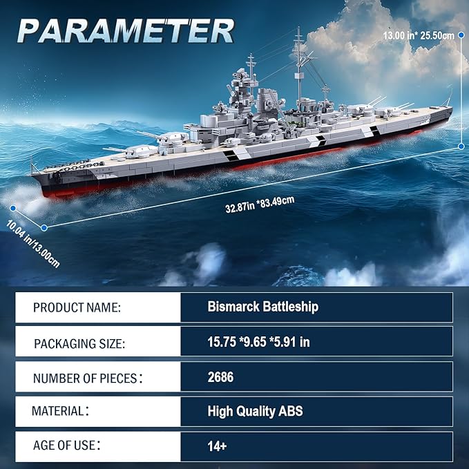 Brihappen Bismarck Battleship Building Block Sets 2686 Pcs MOC Warship Building Toys 31in German WWII Military Theme Boat Model Kit for Collection and Display Gift for Military Lovers