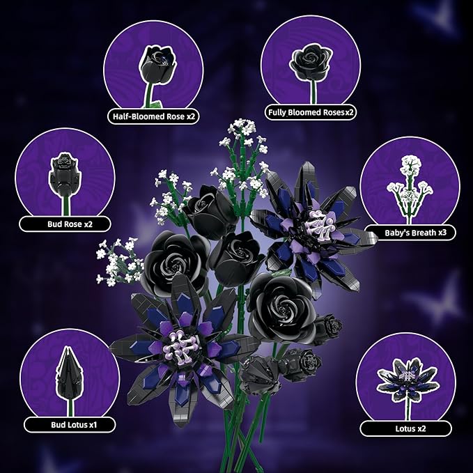 Flower Bouquet Building Set 12 Gothic Black Rose and Lotus Botanical Collection Building Block Toy Compatible with Lego Flowers for Adults Women Home Decor Gift for Valentine Mother's Day