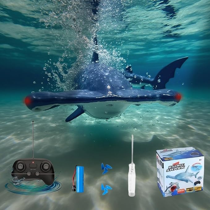 Beach and Summer Pool Remote Control Shark Boat Bath Toy RC Submarine Robo Shark Model Realistic Wiggle-Tail Electric Fish Hammerhead and Dusky Sharks (Cyan)