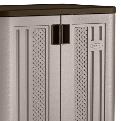 Suncast Base Storage Cabinet for Garage Organization, 9 Cu. Ft. Capacity, Platinum Metallic & Slate - Lockable Multi-Wall 2-Shelf Resin Organizer for Garden Supplies, Paint Cans & Outdoor Tools