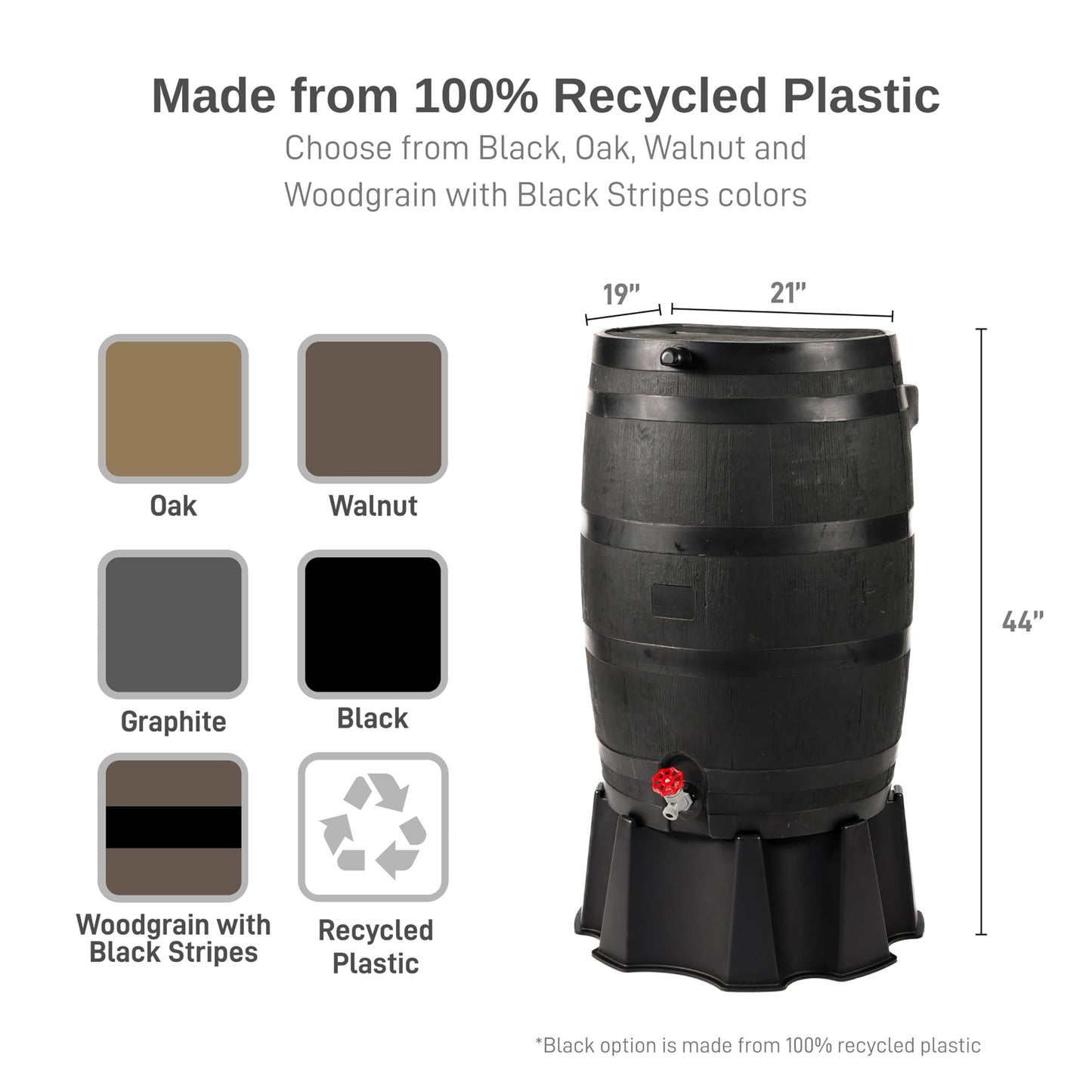 RTS Home Accents 50-Gallon ECO Rain Barrel Made with 100% Recycled Plastic, Flat Back Rain Water Collection Barrel, Stand and Link Kit Included, Black (2 Pack)