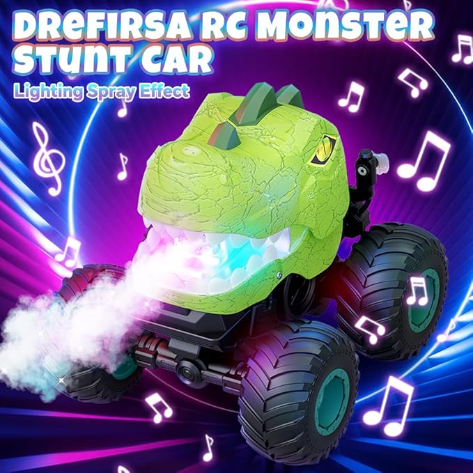 Dinosaur Remote Control Car for Kids Ages 3-5 6-12 Remote Control Monster Truck with Spray Light 360° Rolling&amp90° Driving All Terrain Dinosaur Toy for Boys Birthday Gift