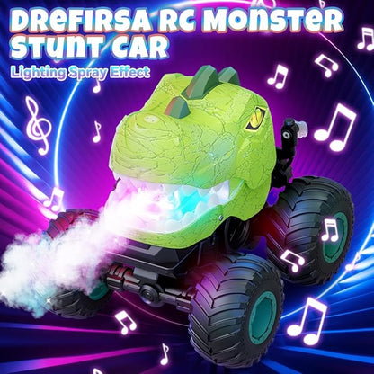 Remote Control Car for Boys 4-7 8-12 Dinosaur Monster Truck Toys with 50min+ Runtime Spray LED Light 360° Rotating &amp 90° Driving RC Stunt Car for Kids Birthday