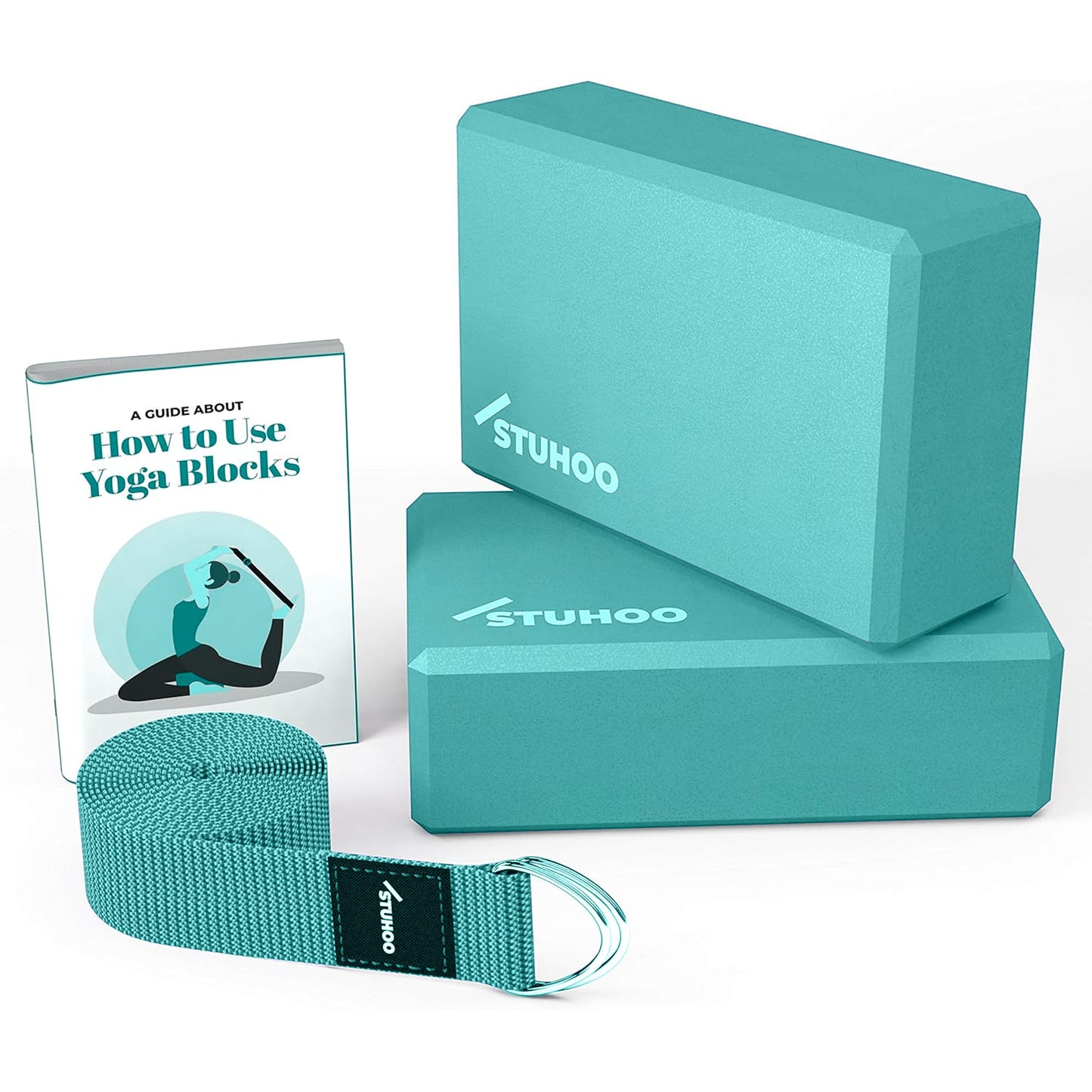 STUHOO Yoga Blocks 2 pack and Yoga Strap Includes Descriptive E-book for Beginners Sturdy Yoga Brick & Lightweight Eva Foam Block Support Deepen Poses, Provides Strength & Stability for Pilates Practice