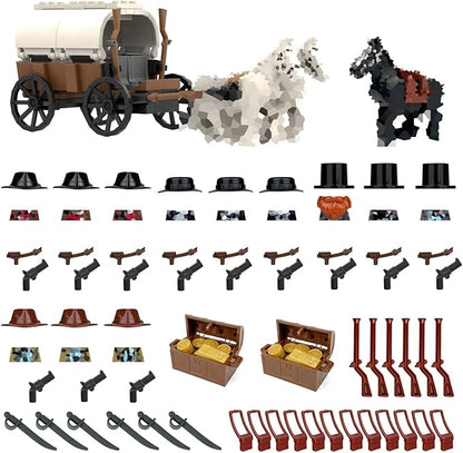 Western Cowboy Building Block Set Compatible with Lego 77012 Set 12 Cow Boy Figures &amp Gun Accessories Dark Wild West Horse White Carriage with Golden Bars &amp Coins Gold Robbery
