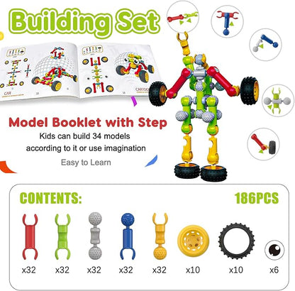 Kids STEM Building Toys for 3 4 5 6 7 8+ Year Old Boy Girl Birthday Gift 186 Pcs Preschool Classroom Learning Activities Fine Motor Skills Building Blocks Ages 4-8 6-8 8-12 Engineering Creative Game
