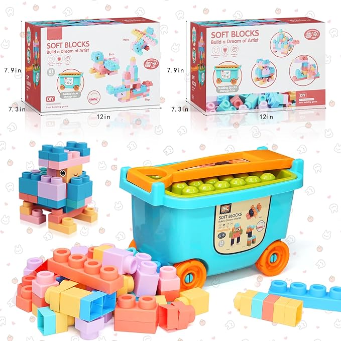 Large Particle Soft Building Block Toys with Storage Box with pull rods for Toddler Aged 18 Months to 6 Years old.Preschool Toys Suitable for Kindergarten Parent-child Interaction etc(81P)