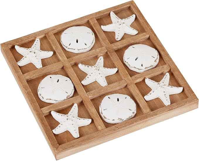 NIKKY HOME Beach Tic Tac Toe for Fun Starfish Sand Dollar Coastal House Coffee Table Decor Wood Board Travel Game 8.97 by 8.97-in Distressed White
