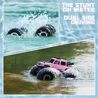 Amphibious Remote Control Trucks2.4G 1:18 4WD All Terrain Off-Road Waterproof Monster RC Cars Pool Toys Hobby RC Vehicle Christmas Birthday Gifts for Kids Boys Girls 8 9 10 11 12+ Pink