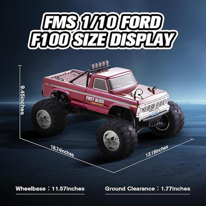 FMS 1/10 RC Truck Ford F100 – 2WD Monster Truck with Licensed Body 550 Brushed Motor Oil Shocks Independent Suspension – All-Terrain RC Crawler High Speed Off-Road RC Car for gift (FIRST BLOOD RS)