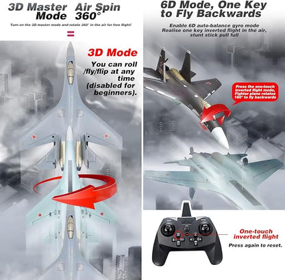 RC Airplane SU35 Jet 4CH Remote Control Plane RTF Tail Motor Aircraft 3D / 6G Stunt Function Fixed Wing Glider Brushless Motor Simulation Fighter for Adult Beginners 2 Batteries (Black)