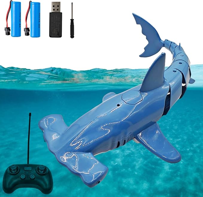 Remote Control Shark for Pool｜1:18 RC Shark &amp Dual Motors｜One-Touch Dive to 5 ft｜LED 2.4GHz Waterproof RC Submarine Hammerhead Shark Toy｜ Pool Party Gifts for Boys Ages 6-12(Cyan 2 Batteries)