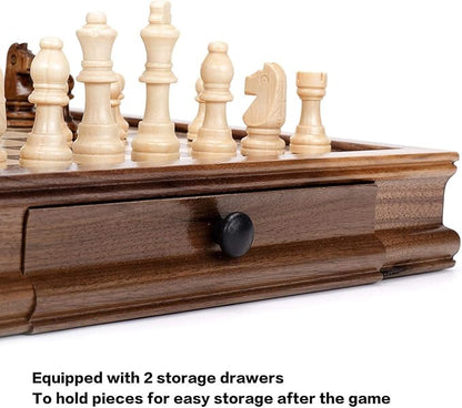 AMEROUS Magnetic Wooden Chess Set 12.8 x 12.8 Walnut Chess Board Game with 2 Built-in Storage Drawers - 2 Bonus Extra Queens - Chess for Beginner Kids and Adults Gift Packaging
