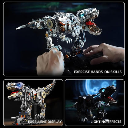 Mechanical T-Rex Dinosaur Building Blocks Set–Collectible Dino Model with Movable Gears LED Lights &amp Motor Complete with Display Stand Ideal Hobby Gift &amp Home Decor for Adults &amp Teens