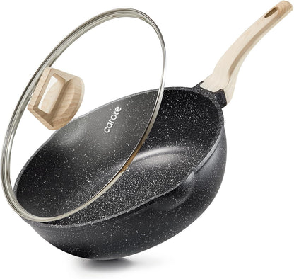 CAROTE 10Inch Nonstick Deep Frying Pan with Lid, 4.5 Qt Jumbo Cooker Saute Pan with Pour Spout, Skillet Induction Cookware, Non Stick Cooking Pan PFOA Free, Classic Granite