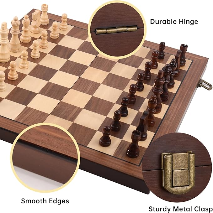 Magnetic Wooden Chess Set 15'' Folding Chess Board Portable Travel Chess Set Games with Chessboard Bag Beginner Chess Set for Tournament Professional Beginner