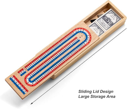 Cribbage Board Game Set with Large Storage Area Solid Wood 3 Track Cribbage Board 9 Metal Pegs 2 Playing Cards and Instruction. Portable Travel Board Game for All Ages.