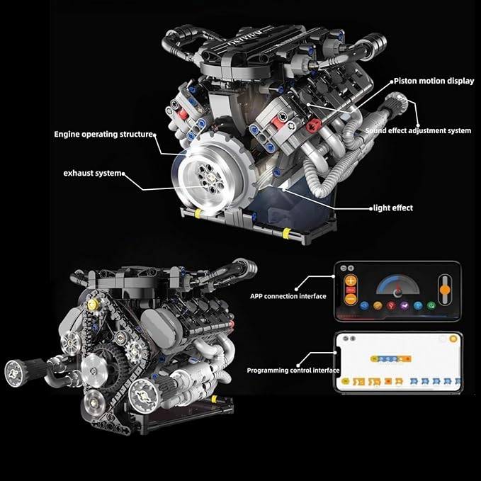 V8 Engine Building Kits That Runs with Motor - 715+Pcs Build Your Own Visible APP Controls Mini V8 Engine Model8-Cylinder Transparent Design Car Engine Building Engineering Set for Adults