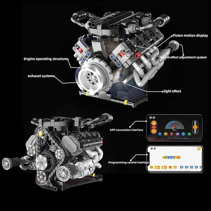 V8 Engine Building Kits That Runs with Motor - 715+Pcs Build Your Own Visible APP Controls Mini V8 Engine Model8-Cylinder Transparent Design Car Engine Building Engineering Set for Adults