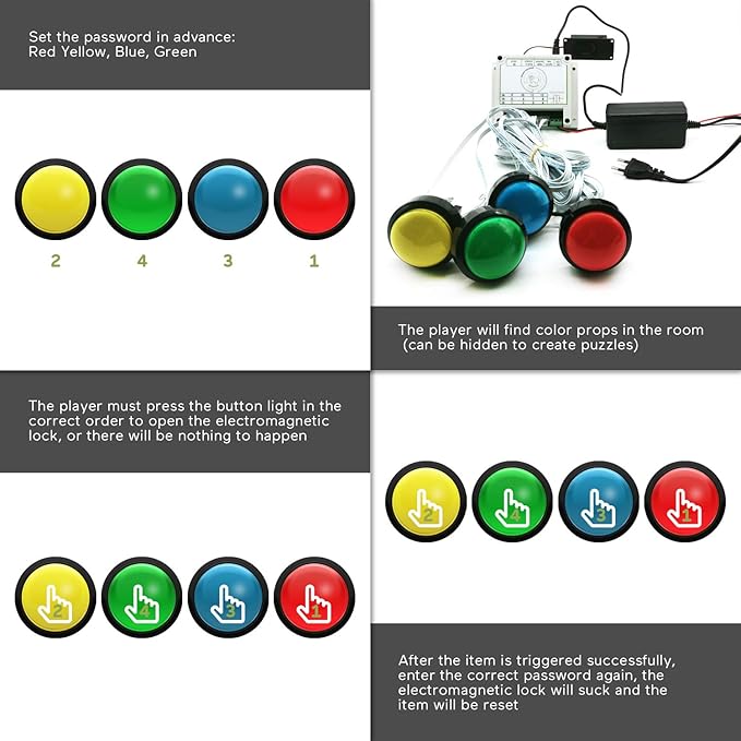Escape Room Props 5 Different Colors Buttons Mechanism Press It In Order To Control 12V Magnet Lock For Exit Game Owner Player Adventurer (4 Button No Video)